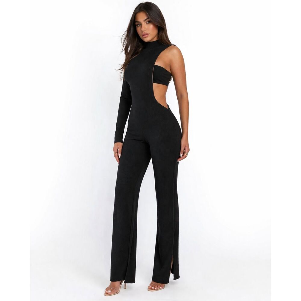 Posh By V Black Cutout One Shoulder Jumpsuit